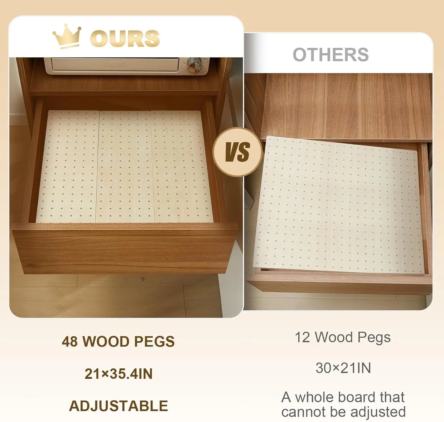 Wood Pegboard Drawer Organizer Storage Sturdy Organization Dish and Plate Organizer Peg Board System Adjustable for Utensils