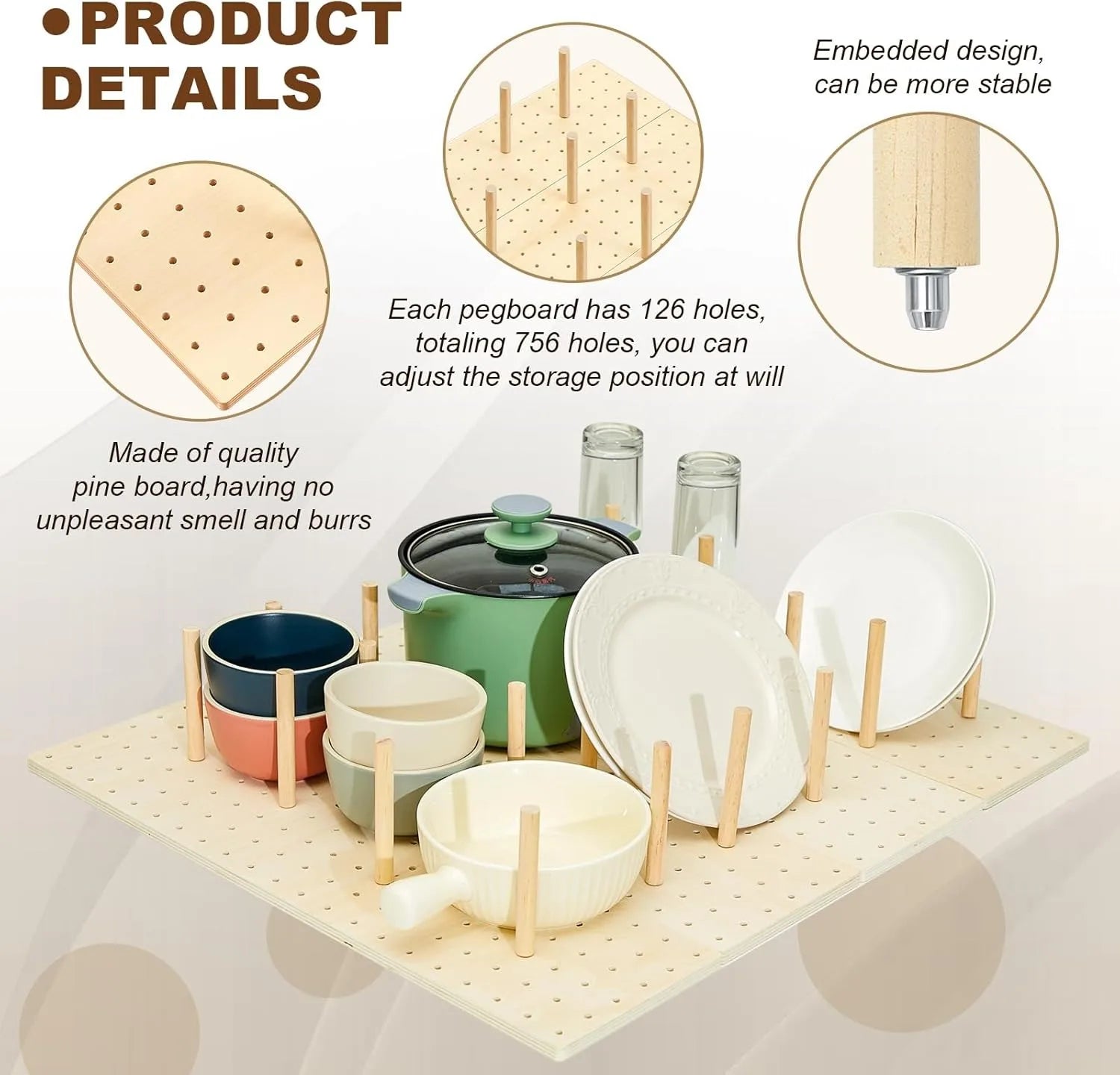 Wood Pegboard Drawer Organizer Storage Sturdy Organization Dish and Plate Organizer Peg Board System Adjustable for Utensils