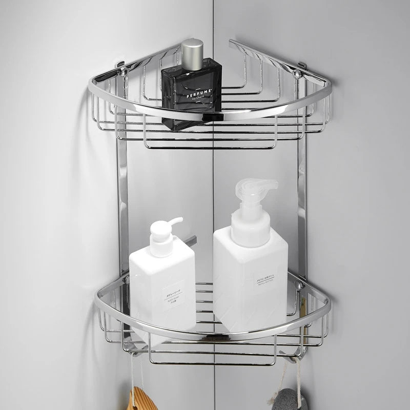 304 Stainless Steel Bathroom Shelf Triangle Shower Corner Basket 1-2 Layer Storage Rack for Shampoo Cosmetics Silver Organizer