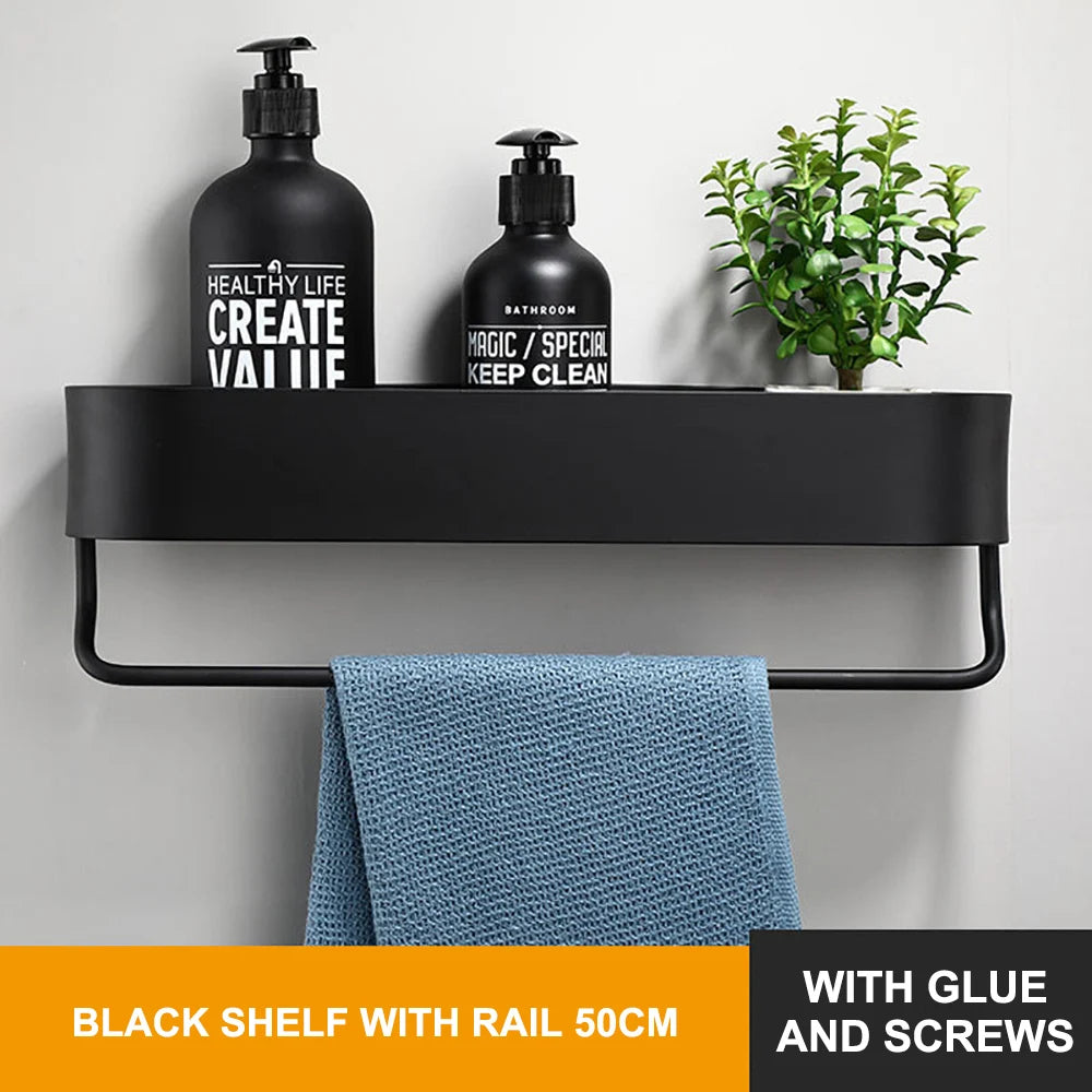 Bathroom Shelf Hanging Rack Kitchen Wall Shelves Bath Towel Holder Black Shower Storage Basket Kitchen Organizer Accessories
