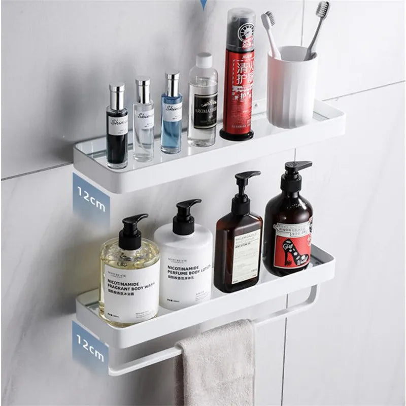 Bathroom Shelf Bath Shower Shelf With Bar Aluminum White Glass Shelf Bathroom Corner shelf Wall Mounted Kitchen Storage holder