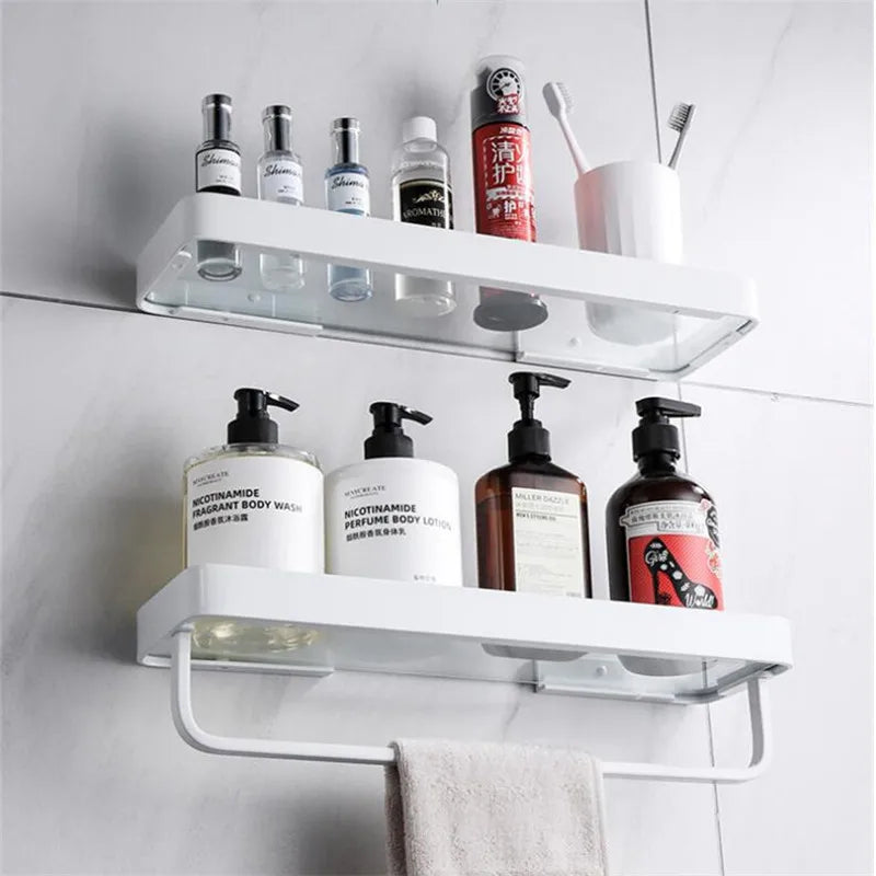 Bathroom Shelf Bath Shower Shelf With Bar Aluminum White Glass Shelf Bathroom Corner shelf Wall Mounted Kitchen Storage holder