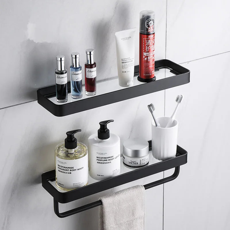 Bathroom Shelf Bath Shower Shelf With Bar Aluminum White Glass Shelf Bathroom Corner shelf Wall Mounted Kitchen Storage holder