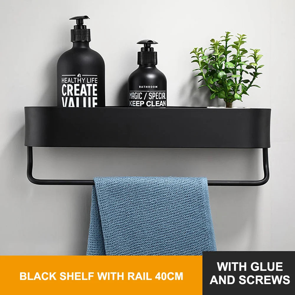 Bathroom Shelf Hanging Rack Kitchen Wall Shelves Bath Towel Holder Black Shower Storage Basket Kitchen Organizer Accessories