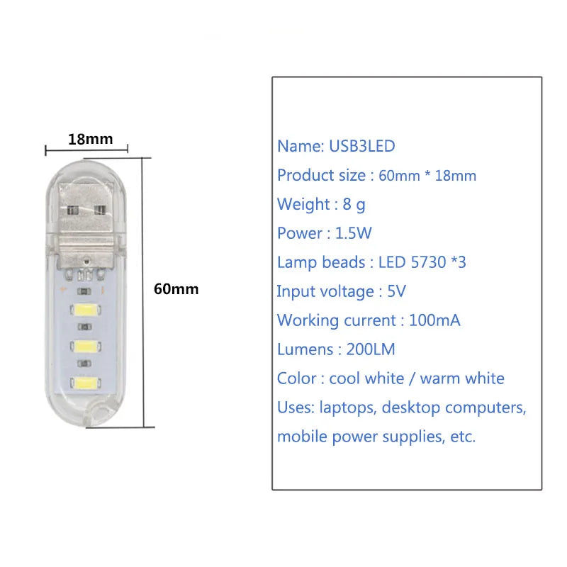 USB LED 3LEDs 8LEDs 24leds Book Lights LED Bulb 5V Power Input White 5000-6500K Warm White 3000-3500K USB Night light