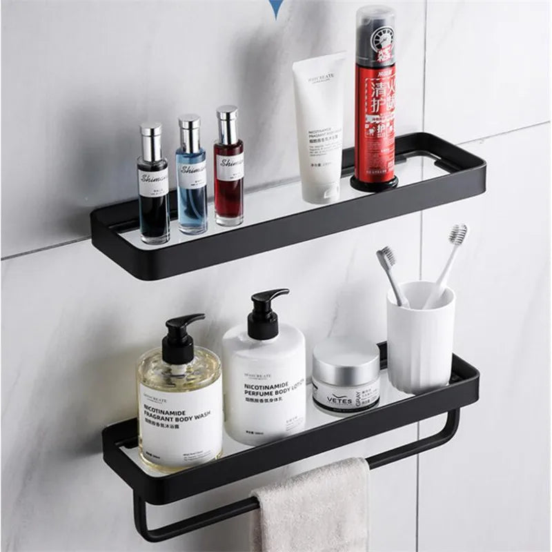Bathroom Shelf Bath Shower Shelf With Bar Aluminum White Glass Shelf Bathroom Corner shelf Wall Mounted Kitchen Storage holder