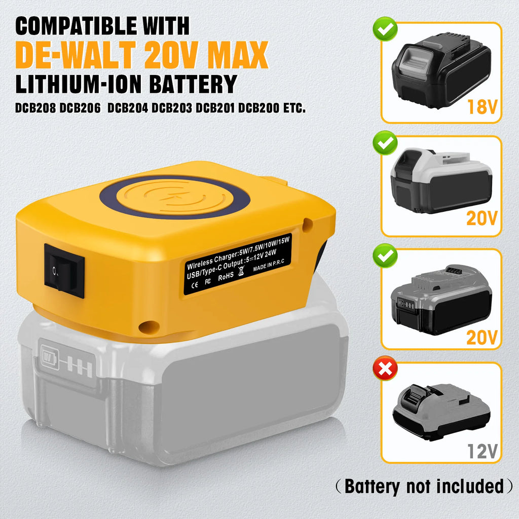 15W Wireless Charger for Makita Dewalt Milwaukee Bosch 18V-20V Battery USB Type-C Fast Charging Adapter PD QC Mobile Phone