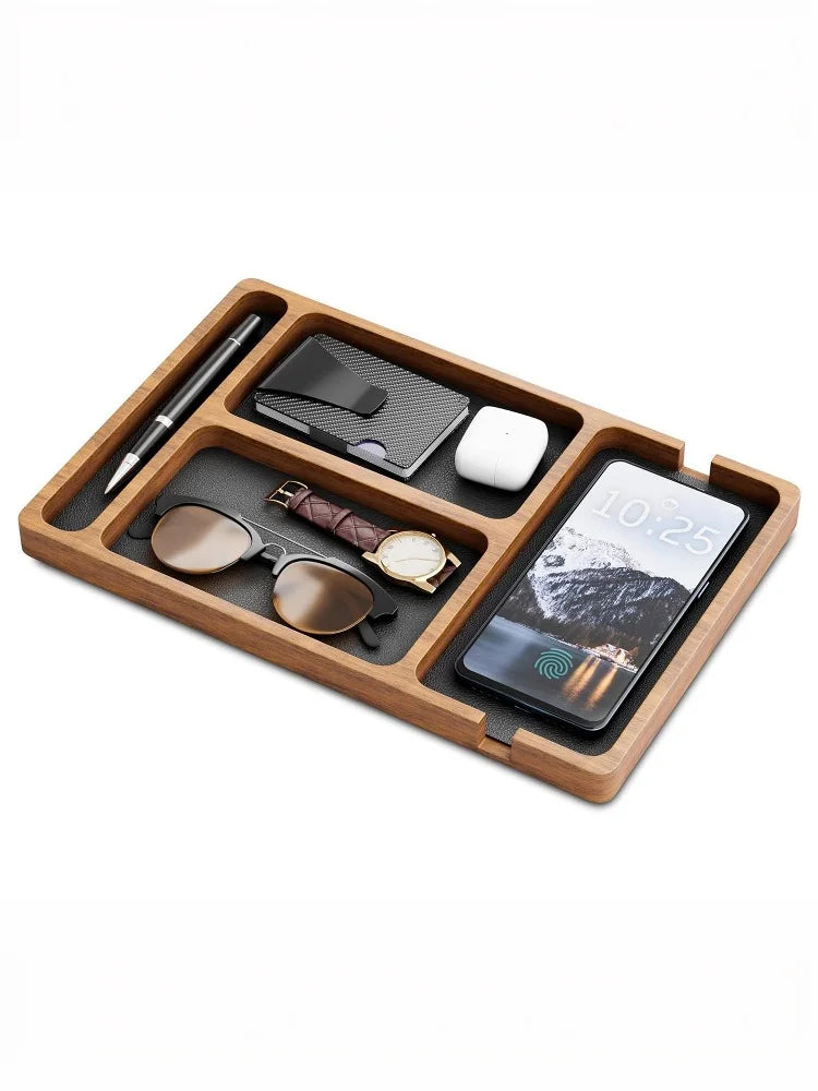 Wood Partition Storage Box Mobile Phone Headphone Debris Storage BoxWooden Storage Tray Wooden Office Desktop Storage Box Solid