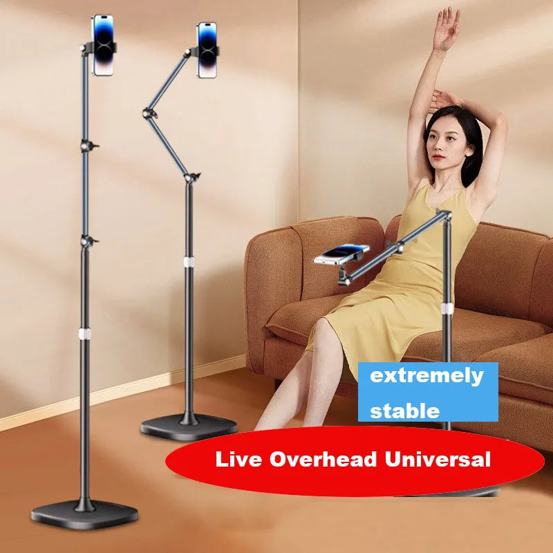 Stretchable Stand Holder Height Adjustable Arm 360-Degree Rotatable Phone Floor Stand with Base for Live Shooting Phone Holder
