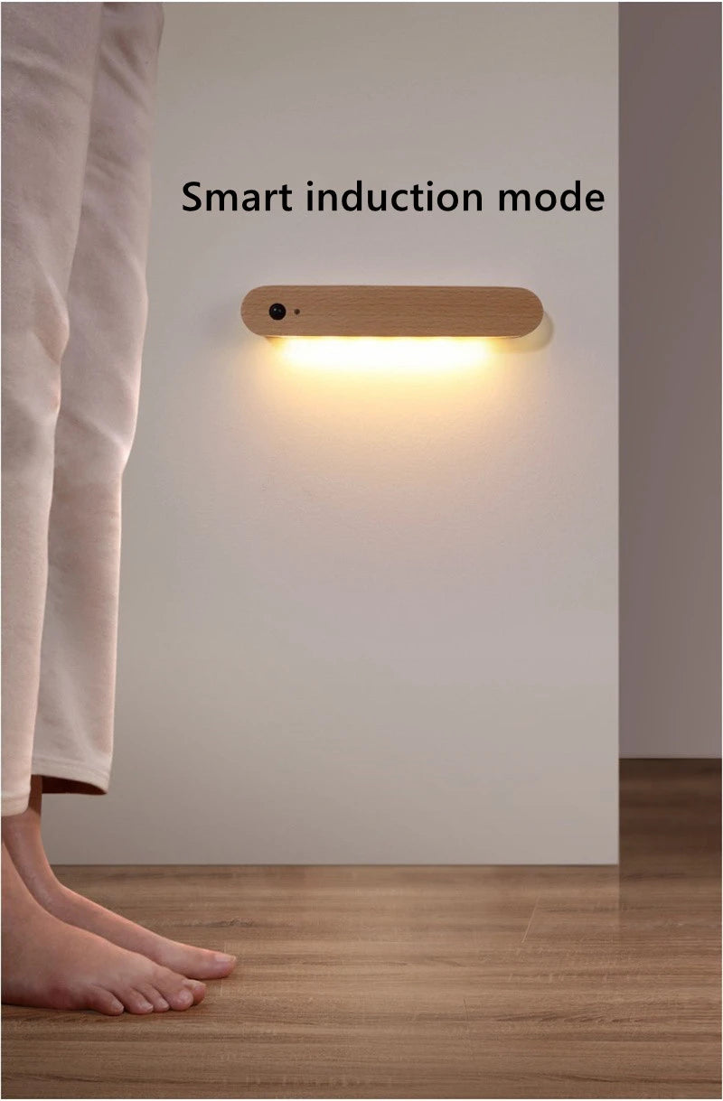 LED PIR Motion Sensor Night Light Bedroom Wooden Lamps Home Decor Magnetic Key Holder Cabinet Door Hanging Lamp USB Rechargeable