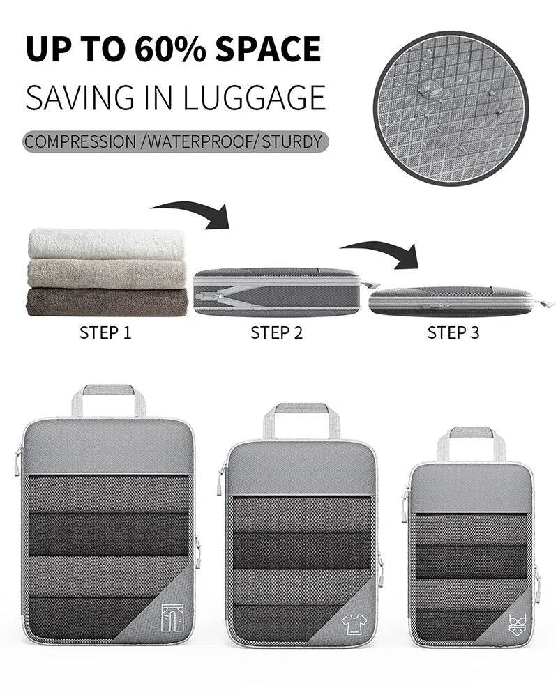 5PCS Travel Compressed Packing Cubes Storage Organizer Set With Shoe Bag Mesh Visual Luggage Portable Lightweight Suitcase Bag