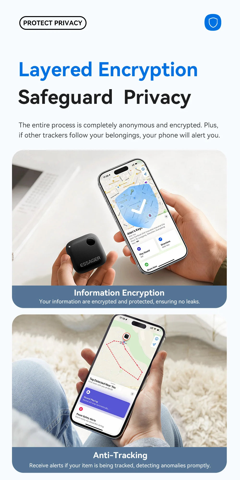 Essager Smart Bluetooth GPS Tracker Work with iOS System Find My App Air Tag Tracker Mini Locator Key Dog Pet Child Finder