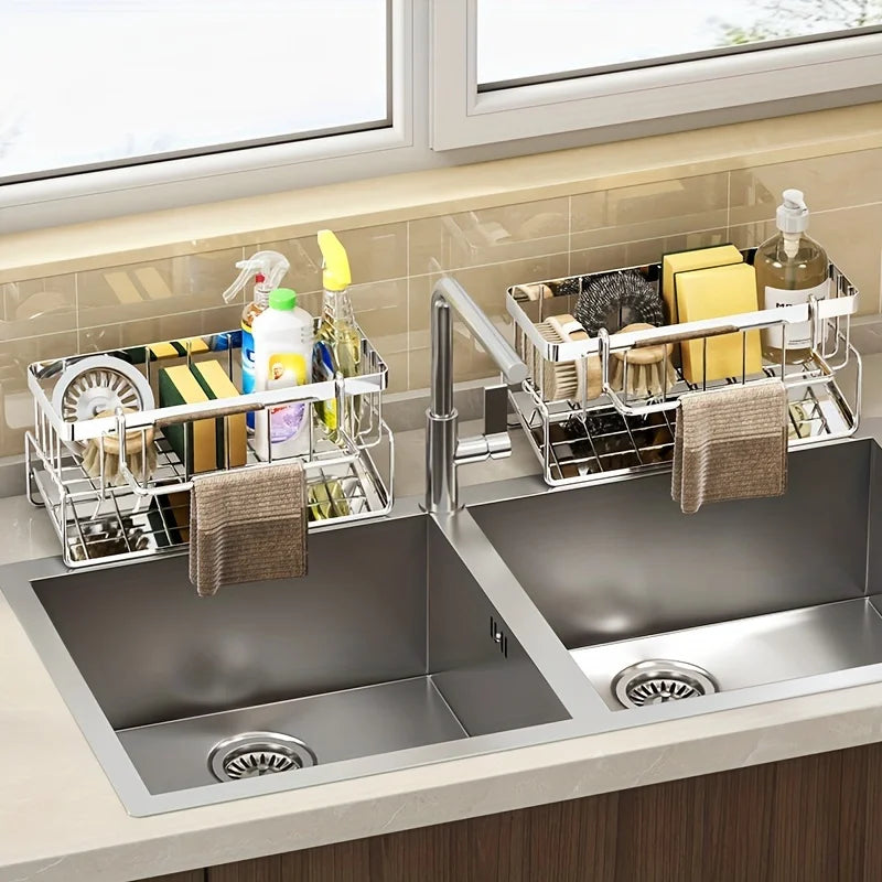 Stainless Steel Sink Caddy Organizer with Drain Tray, Rustproof Sponge Holder & Soap Dispenser for Kitchen Countertop Storage