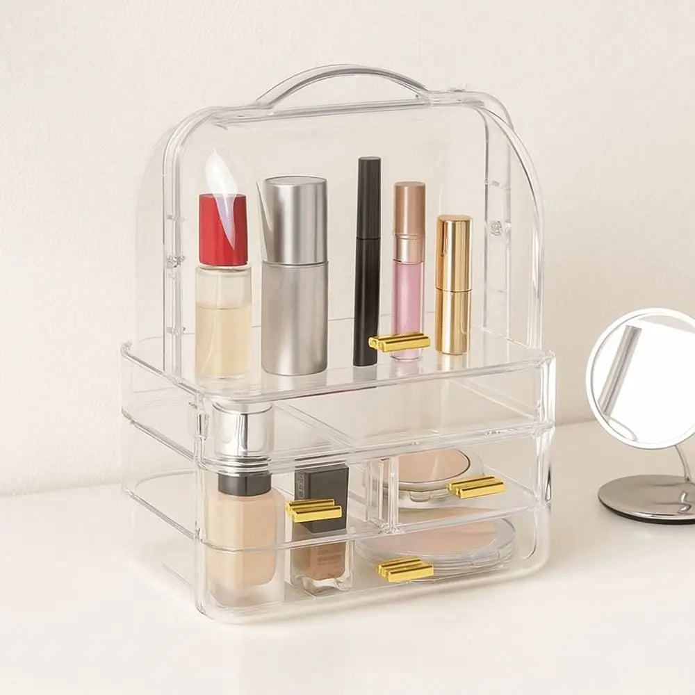 Drawer Style Cosmetics Storage Box with Lid and Handle Dustproof Makeup Storage Rack Clear Desktop Organizer