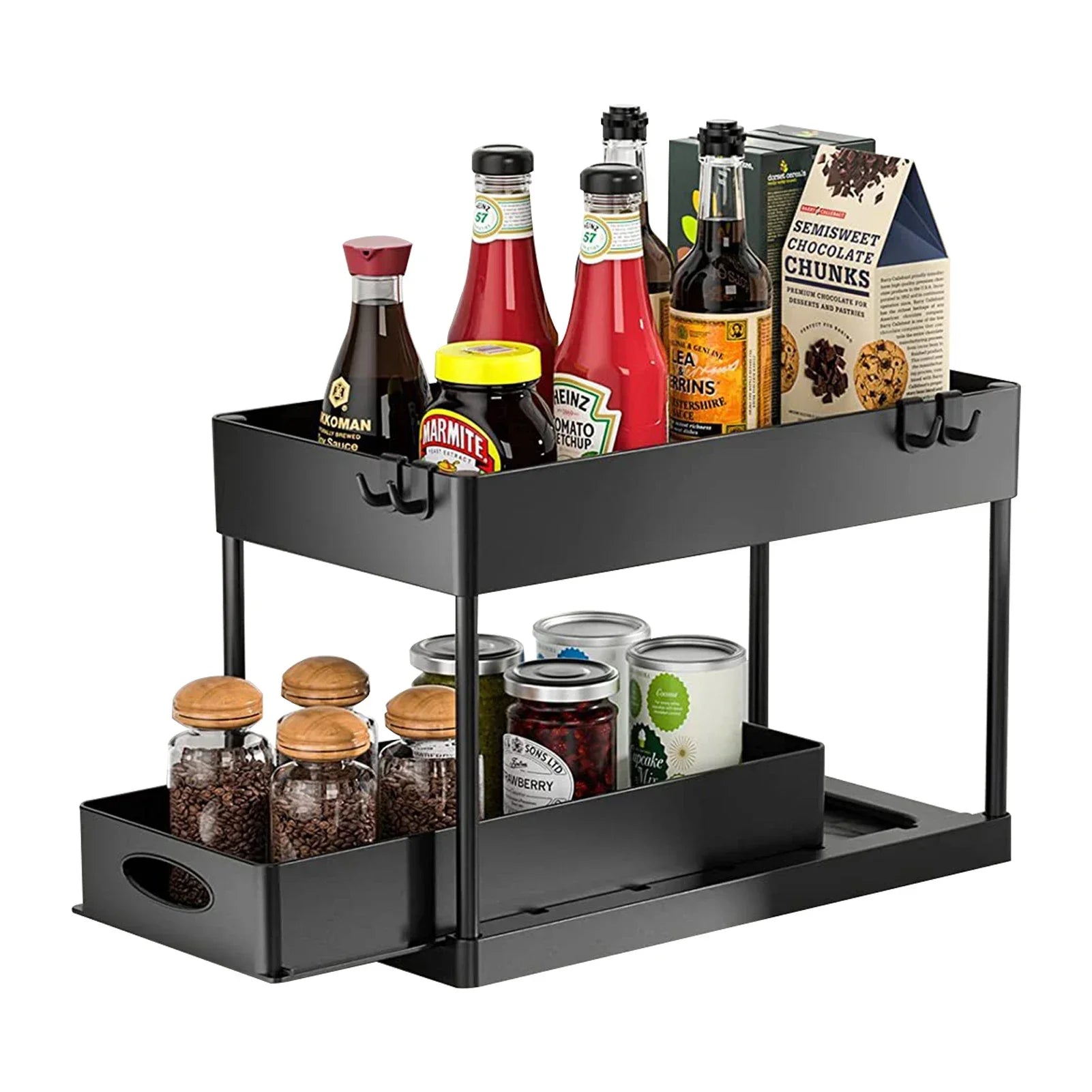Bathroom Kitchen 2 Tier Under Sink Organizer Sliding Cabinet Storage Basket Rack with Hooks Hanging Cup