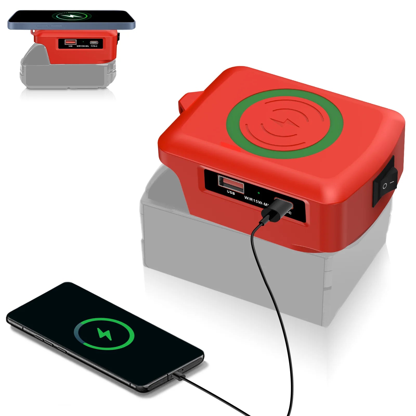 15W Wireless Charger for Makita Dewalt Milwaukee Bosch 18V-20V Battery USB Type-C Fast Charging Adapter PD QC Mobile Phone