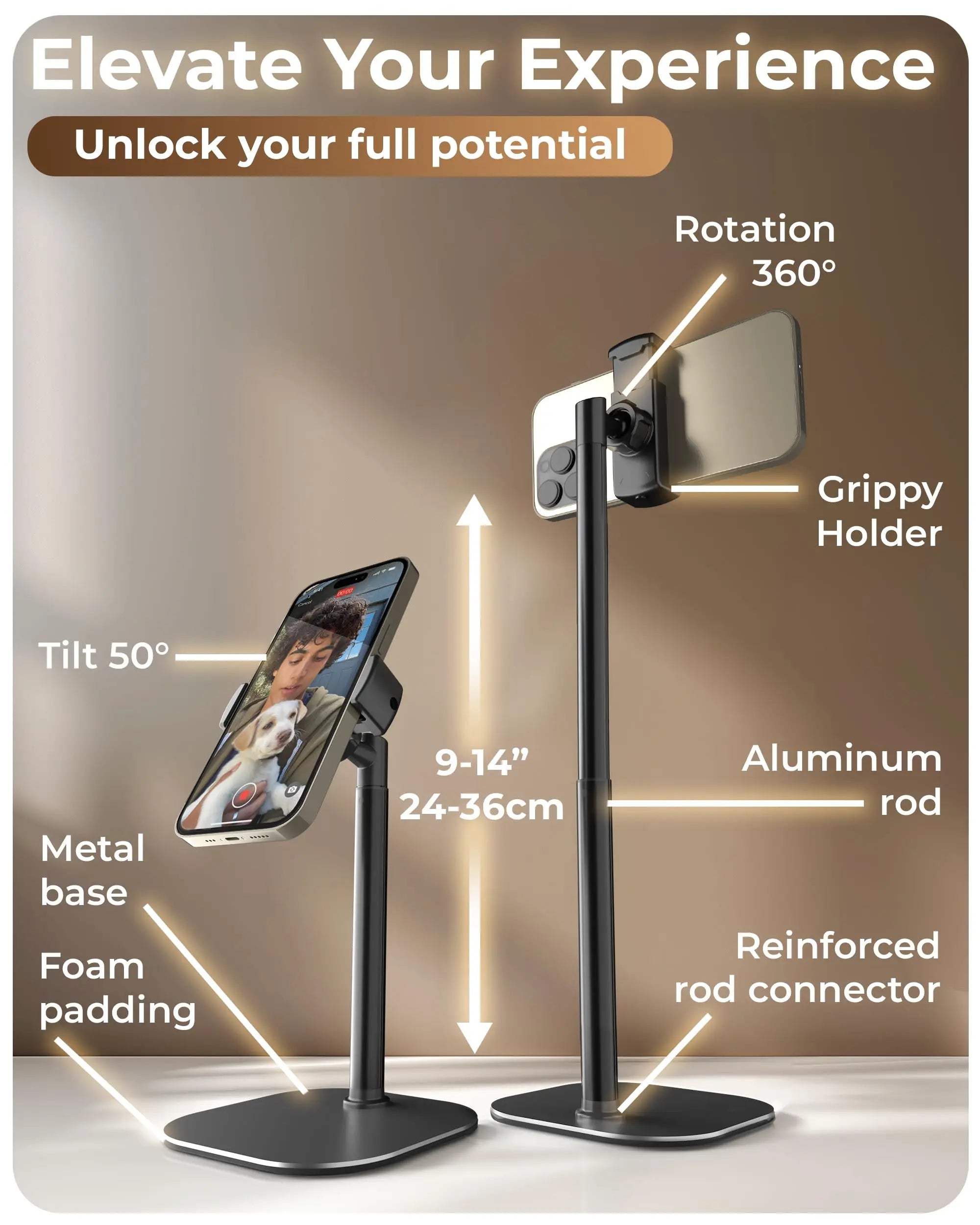 Adjustable Cell Phone Stand for Desk, Rotating Cell Phone Holder for Desk with 9-14" Face-Level View, Metal Desktop Tripod