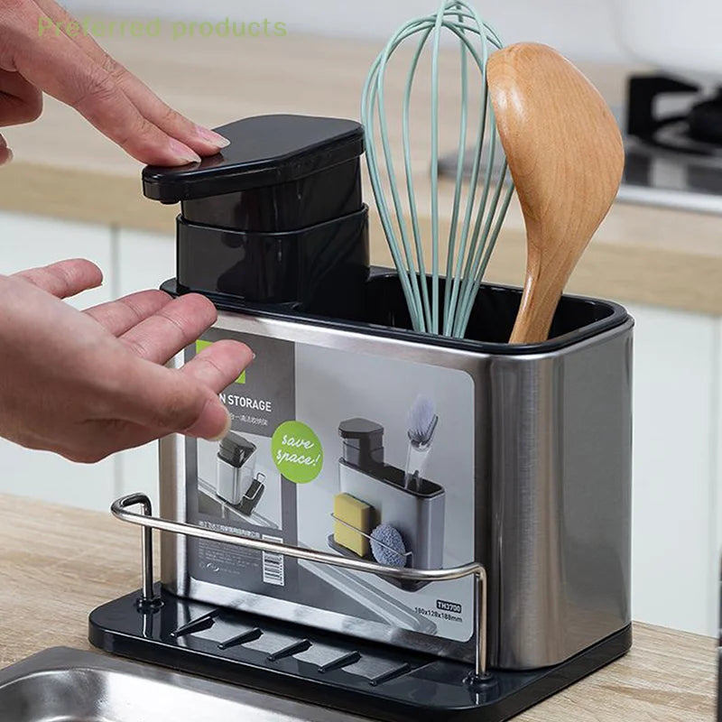 Stainless Steel 3-in-1 Kitchen Sink Organizer - Soap Dispenser Sponge Holder Sink Drain Rack for Kitchen Sinks