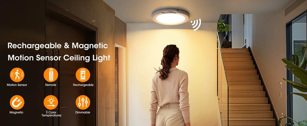 LED Motion Sensor Ceiling Light  Magnetic Installation With Remote Control USB Rechargeable For Shower Bedroom Closet Night Lamp