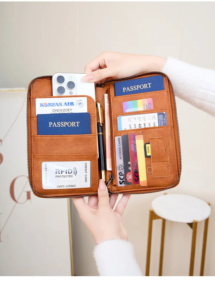 Family Passport Holder for 5, Leather RFID Blocking Multiple Passport Holder Wallet with Zipper, Travel Document Organizer