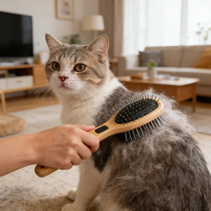 Dual-Sided Boar Bristle Pet Brush: Massage & Deshedding Grooming Tool for Dogs & Cats, Gentle Cleaning and Shine Enhancer