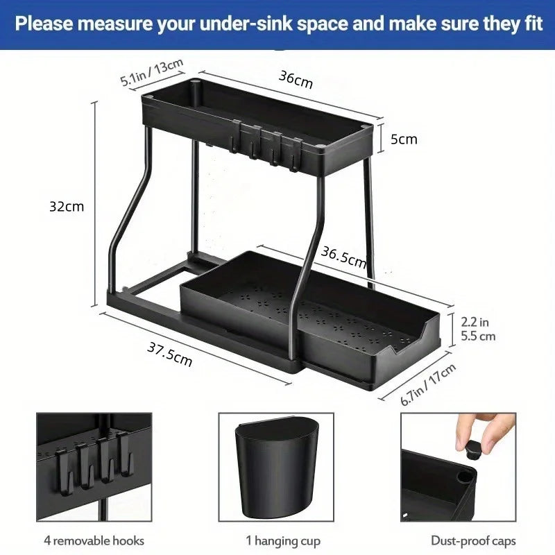 2 Tier Under Sink Organizer, Pull Out Cabinet Storage Shelf with Hooks & Hanging Cup, Space Saving Rack for Kitchen Bathroom