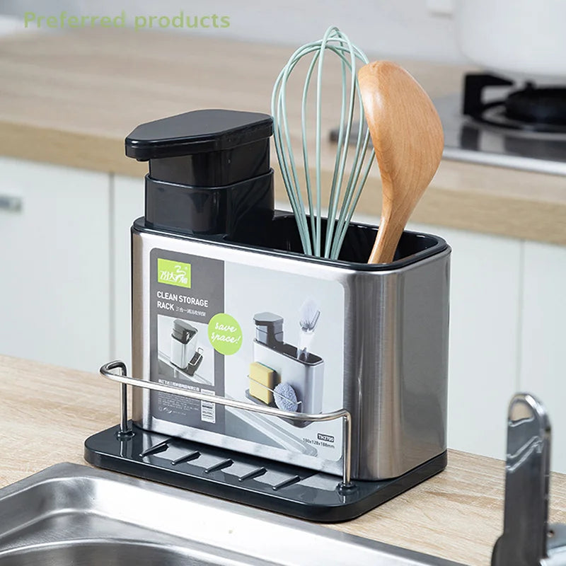 Stainless Steel 3-in-1 Kitchen Sink Organizer - Soap Dispenser Sponge Holder Sink Drain Rack for Kitchen Sinks