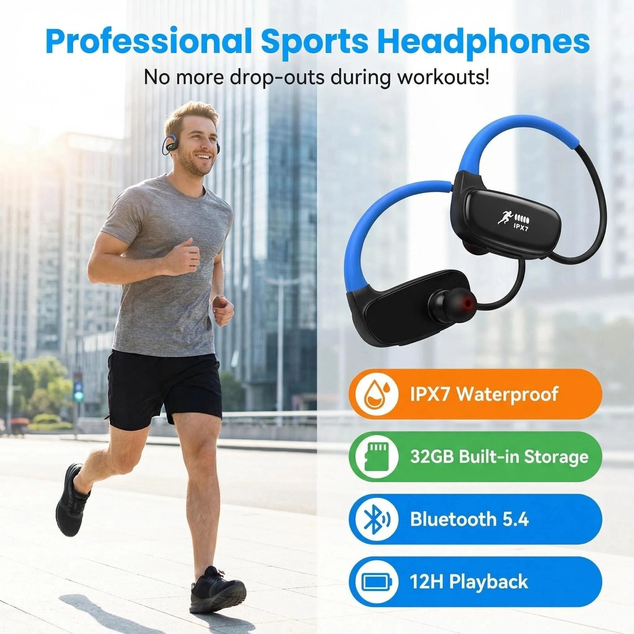 Wireless Bluetooth 5.3 Earbuds IPX7 Waterproof In-Ear Headphones with Noise Cancelling Mic for Sports Running Gym Fitness