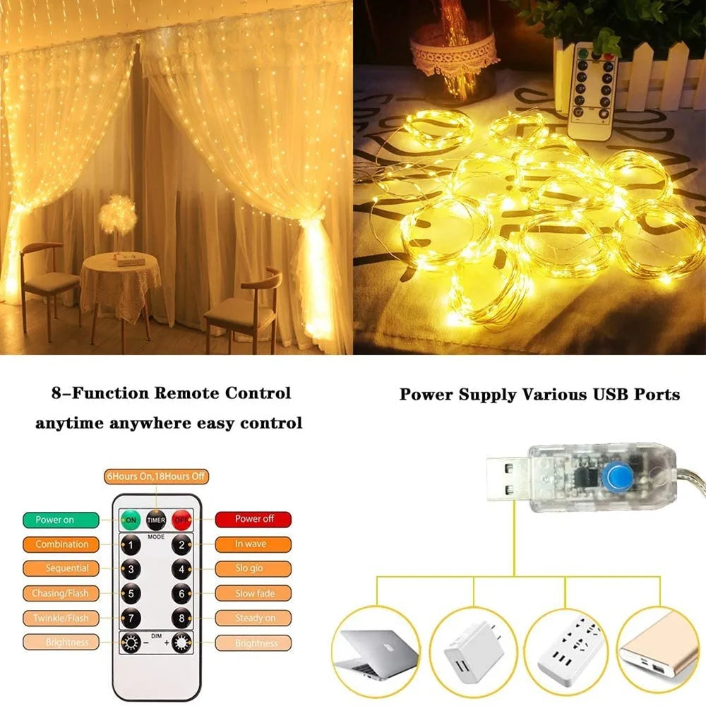 USB LED Curtain Light String, Christmas Room Decoration, Remote Control 8 Function Light Garland ,Wedding Birthday Home Decor