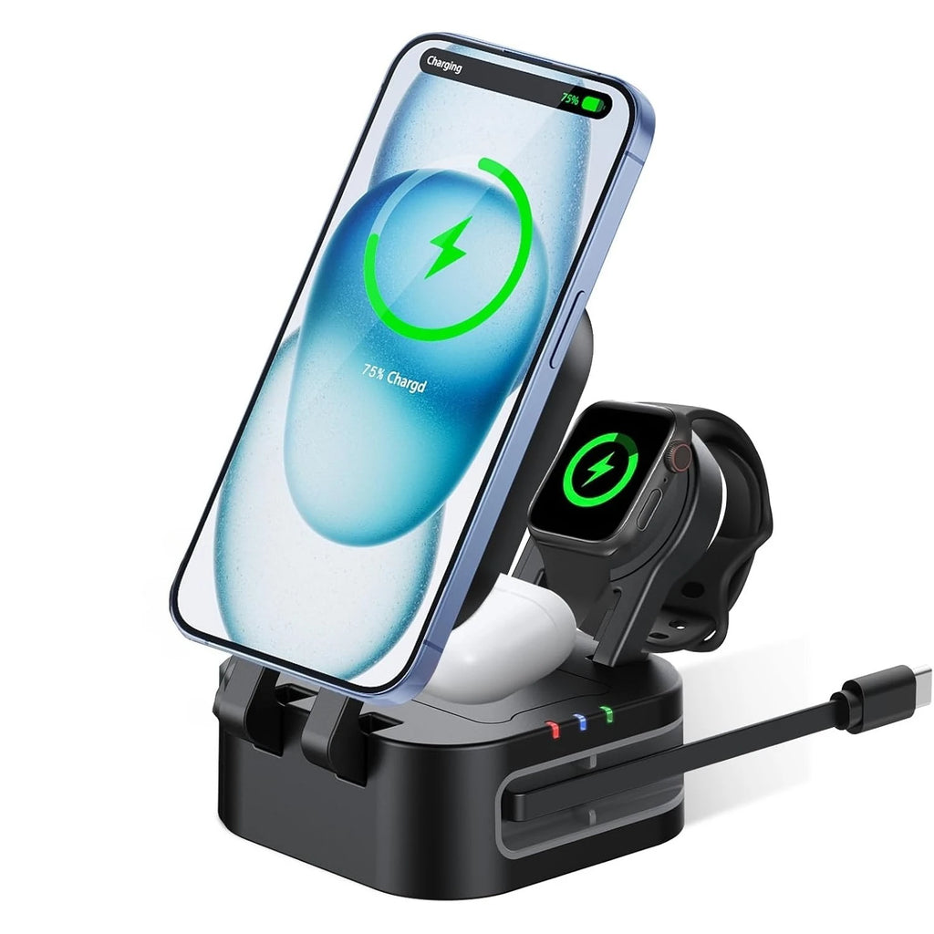 4-in-1 Magnetic Wireless Charger Built-in Retractable Cable Retractable Foldable Compact Charger Compatible with iPhone iWatch