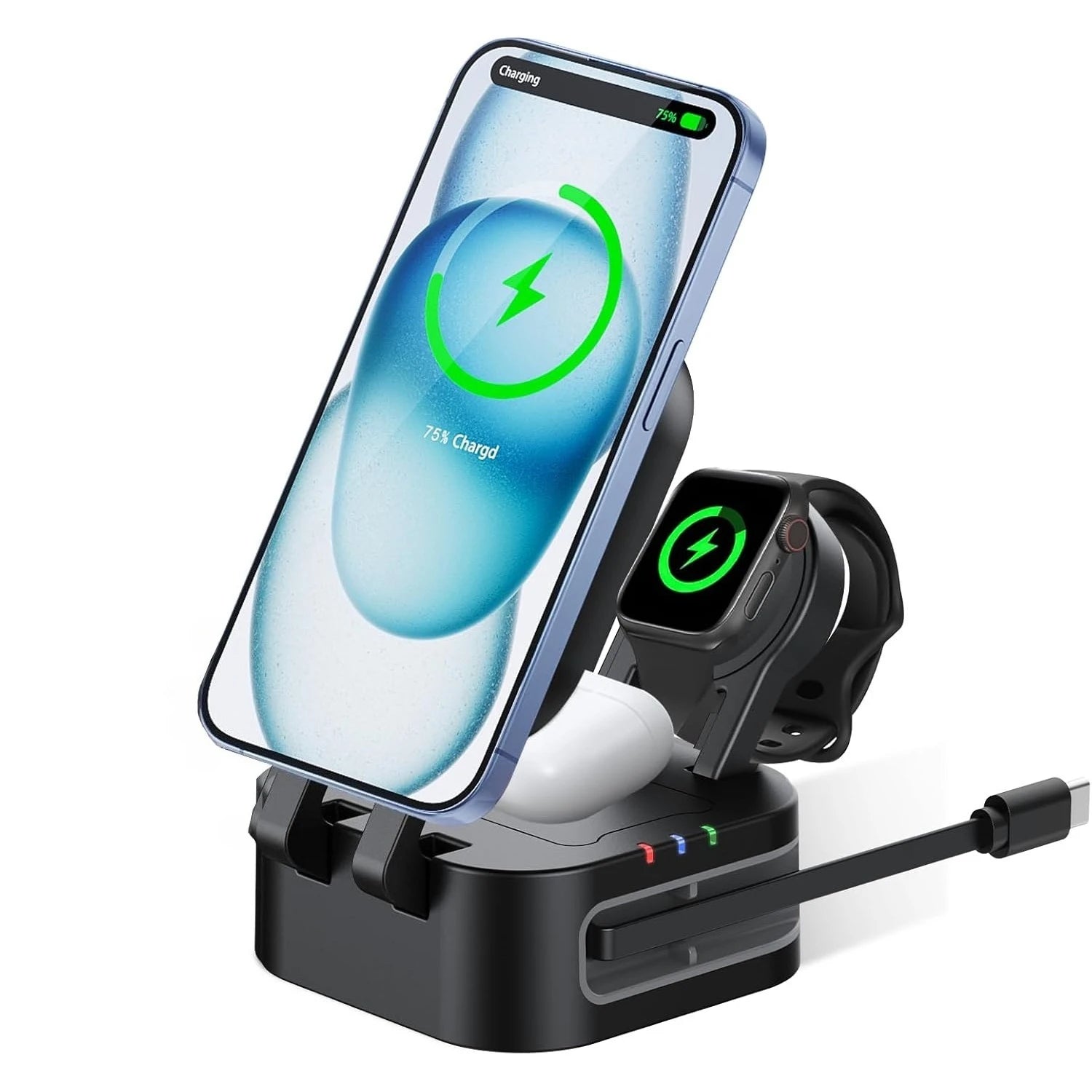 4-in-1 Magnetic Wireless Charger Built-in Retractable Cable Retractable Foldable Compact Charger Compatible with iPhone iWatch