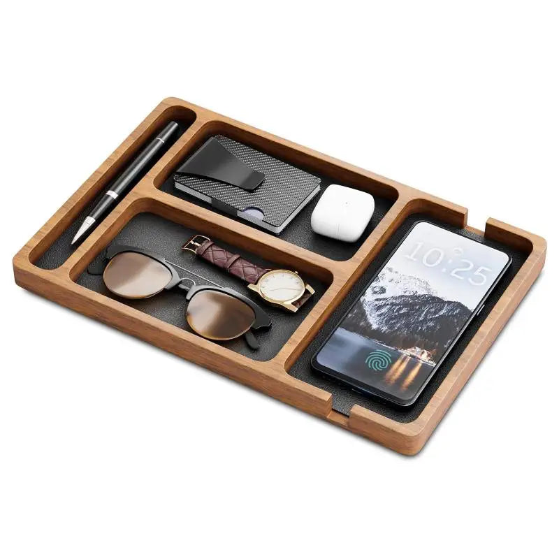 Wood Partition Storage Box Mobile Phone Headphone Debris Storage BoxWooden Storage Tray Wooden Office Desktop Storage Box Solid