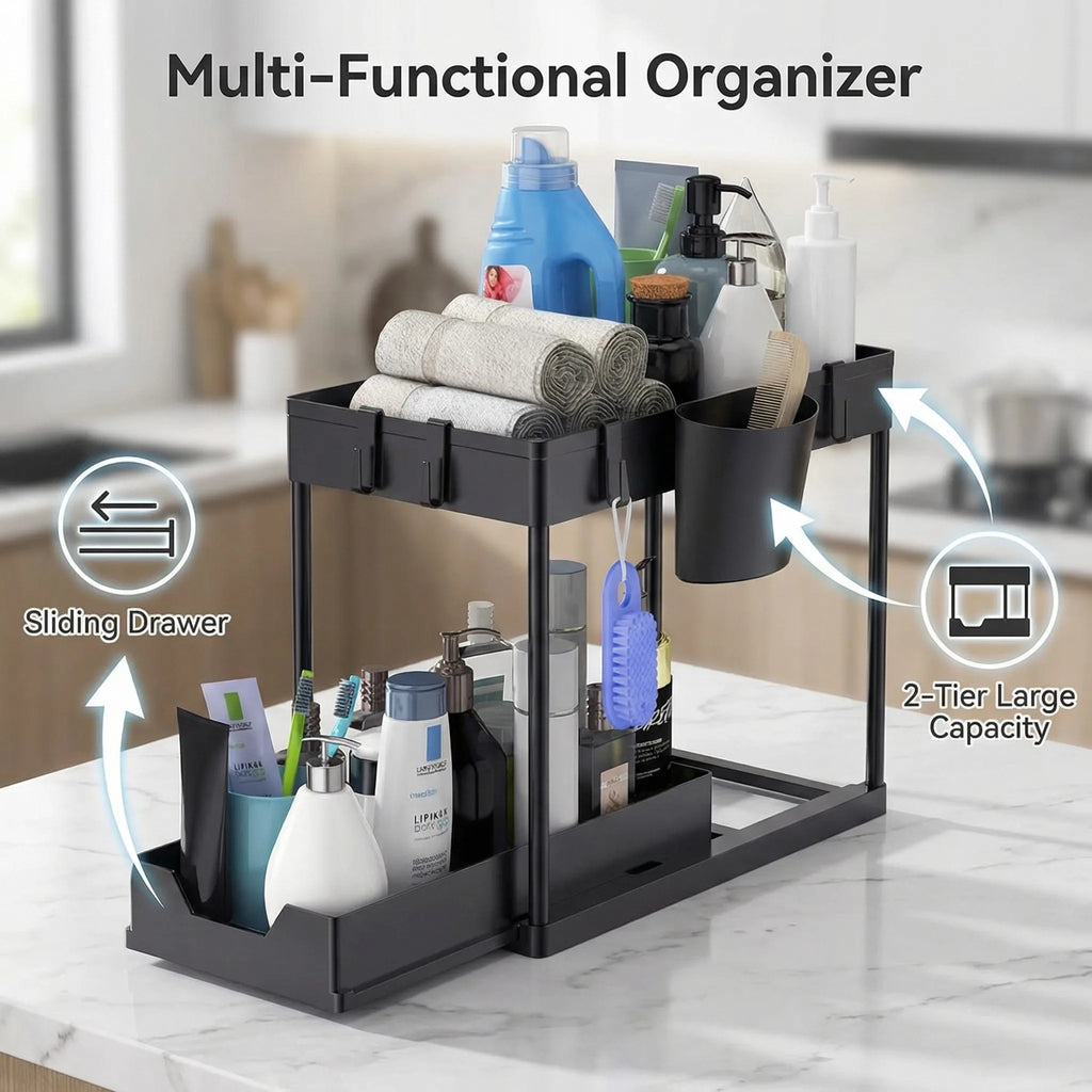 Bathroom Kitchen 2 Tier Under Sink Organizer Sliding Cabinet Storage Basket Rack with Hooks Hanging Cup