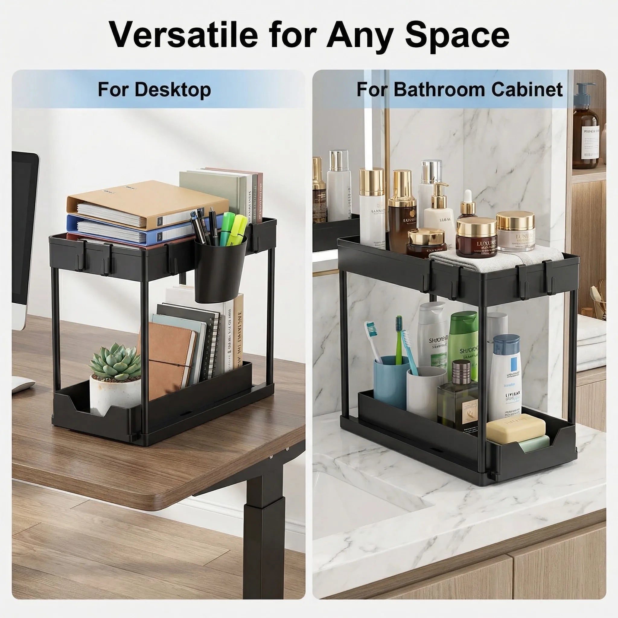 Bathroom Kitchen 2 Tier Under Sink Organizer Sliding Cabinet Storage Basket Rack with Hooks Hanging Cup