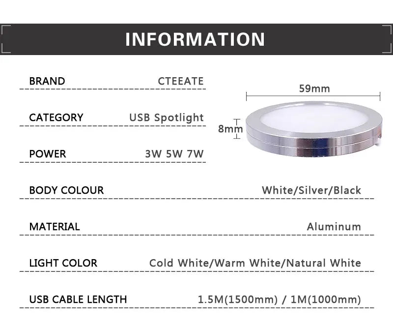 USB 5V LED Under Cabinet Light 5W 3W 7W Mini Spotlight Jewelry Display Showcase Wardrobe Surfaced Mounted Ceiling lamp downlight