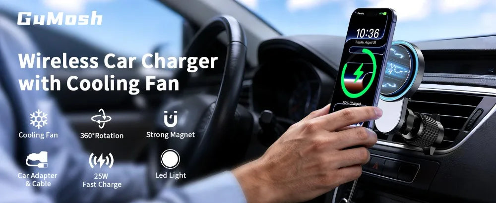 25W Magnetic Wireless Charger with Cooling Fan for iPhone 17/16/15/14/13/12 Car Vent Phone Holder Mount with 63W Cars Chargers