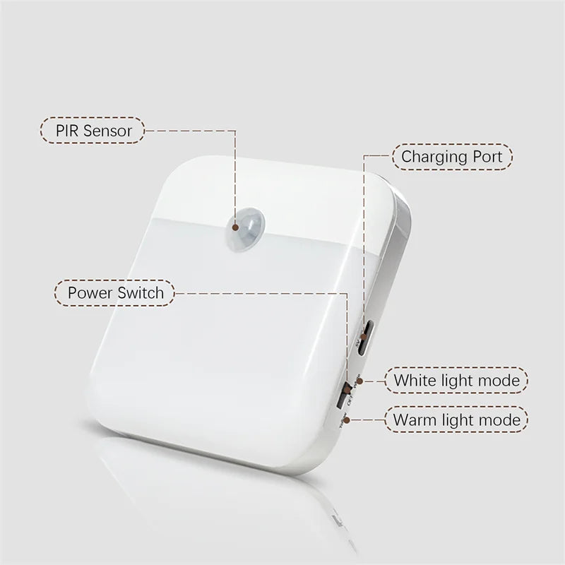 LED Motion Sensor Night Light USB Night Lamp Square Chargeable Lamp for Bedroom Kitchen Stair Hallway Wardrobe Cupboard Lighting
