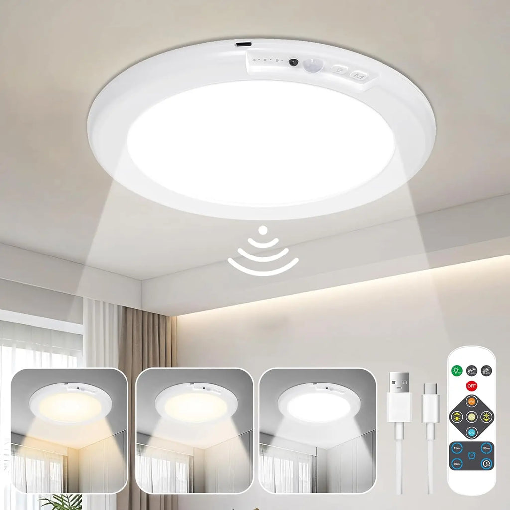 LED Motion Sensor Ceiling Light  Magnetic Installation With Remote Control USB Rechargeable For Shower Bedroom Closet Night Lamp