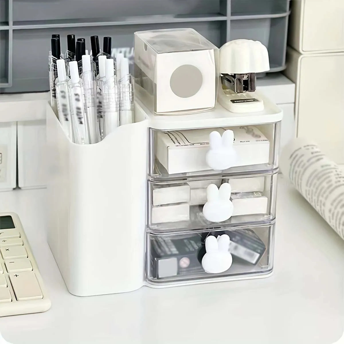 Desktop Organizer WIth Drawer Multifunctional Drawer Storage Box LargeCapacity Stationery Organizer For Cosmetic Office Supplies