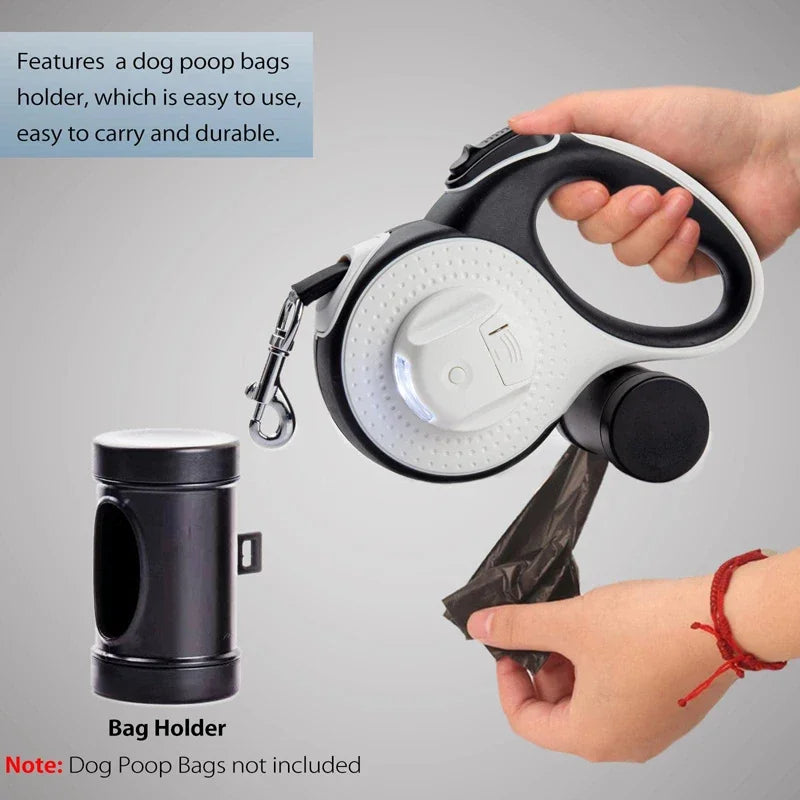 Retractable Dog Leash, Flashlight Anti-Slip Handle Dog Traction Rope for Small Medium Large Dogs, No Tangle Poop Bag Dispenser