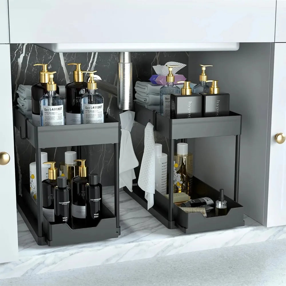 2 Pack 2 Tier Under Sink Organizer with Sliding Basket Multi Purpose Bathroom Cabinet Organizer Under Sink Storage