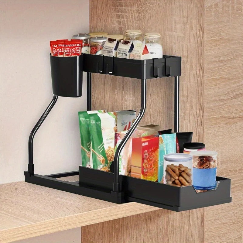 2 Tier Under Sink Organizer, Pull Out Cabinet Storage Shelf with Hooks & Hanging Cup, Space Saving Rack for Kitchen Bathroom