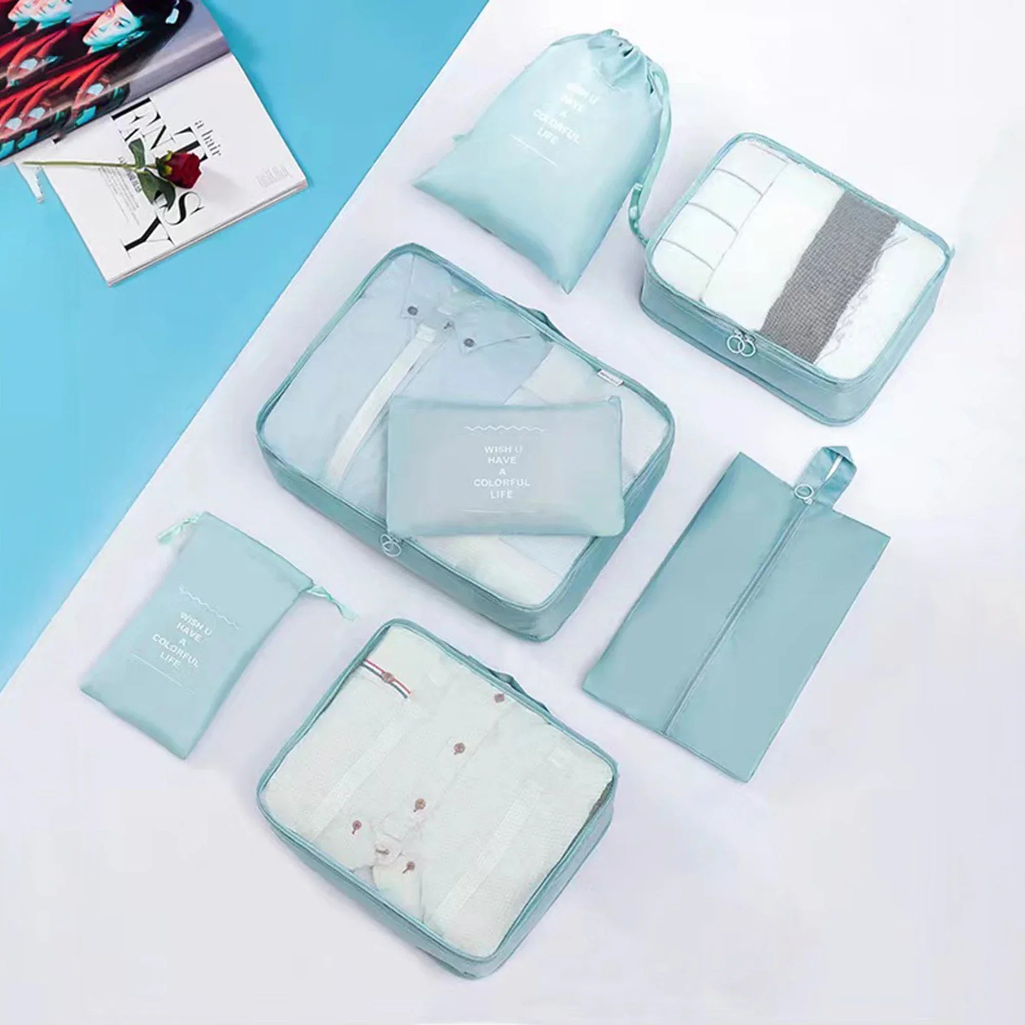 7pcs Set Travel Packing Cubes, Portable Mesh Luggage Storage Bag, Underwear Clothes Organizer Bag With Shoes Bag