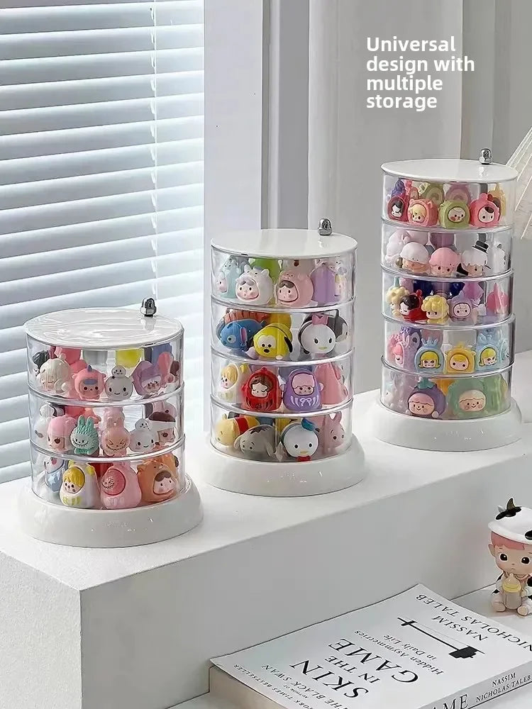 Adorable Rotating Storage Box Transparent Multi-layer White Bottom Small Figurine Organizer Box Home Dustproof Universal Jewelry