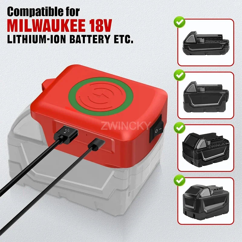 Magnetic wireless charger, for Dewalt/Makita/Milwaukee 18V Li-ion Battery, with USB/TYPE-C, Fast charging battery adapter