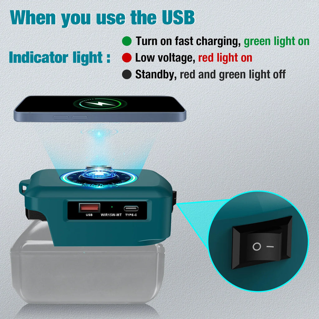 15W Wireless Charger for Makita Dewalt Milwaukee Bosch 18V-20V Battery USB Type-C Fast Charging Adapter PD QC Mobile Phone