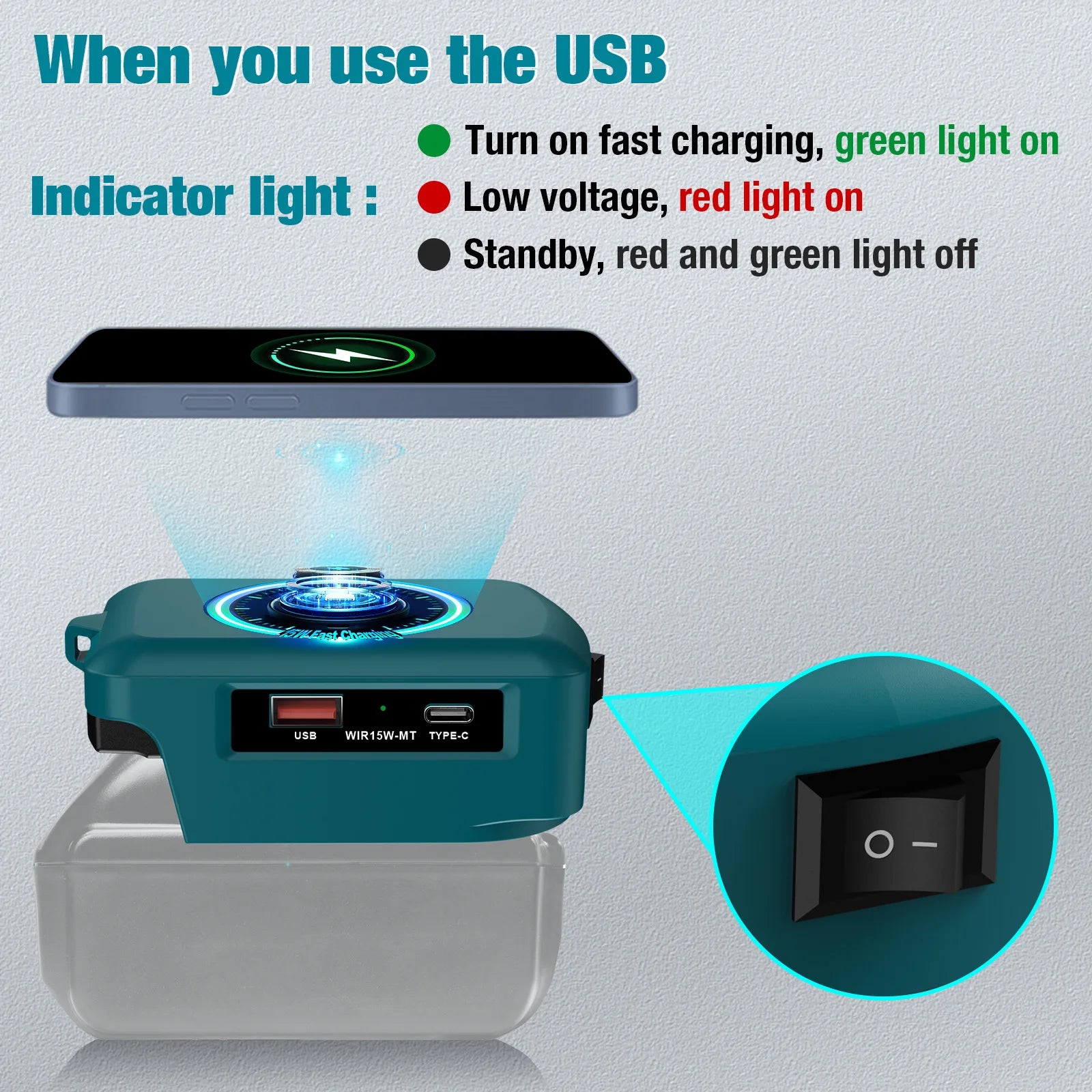 15W Wireless Charger for Makita Dewalt Milwaukee Bosch 18V-20V Battery USB Type-C Fast Charging Adapter PD QC Mobile Phone