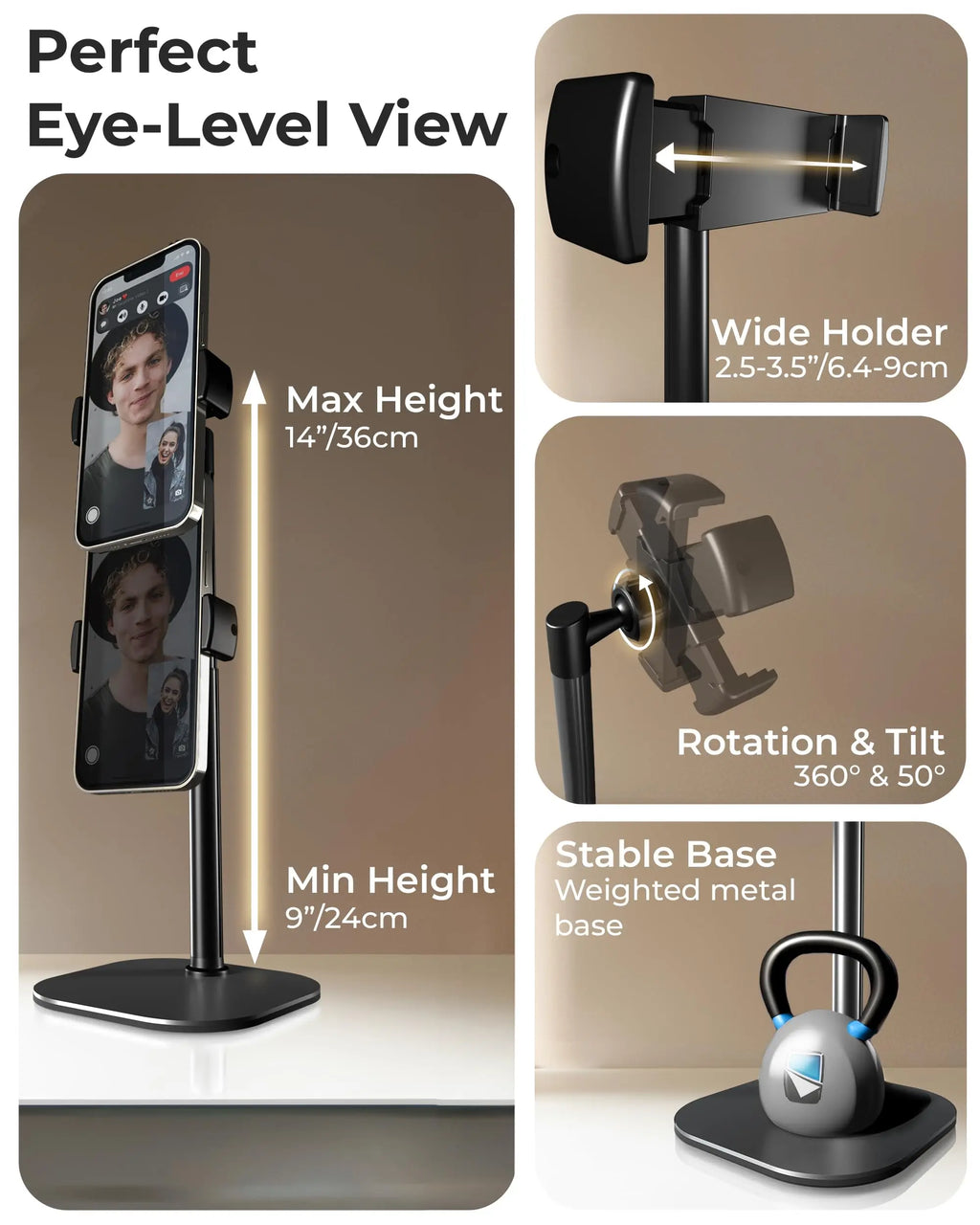 Adjustable Cell Phone Stand for Desk, Rotating Cell Phone Holder for Desk with 9-14" Face-Level View, Metal Desktop Tripod