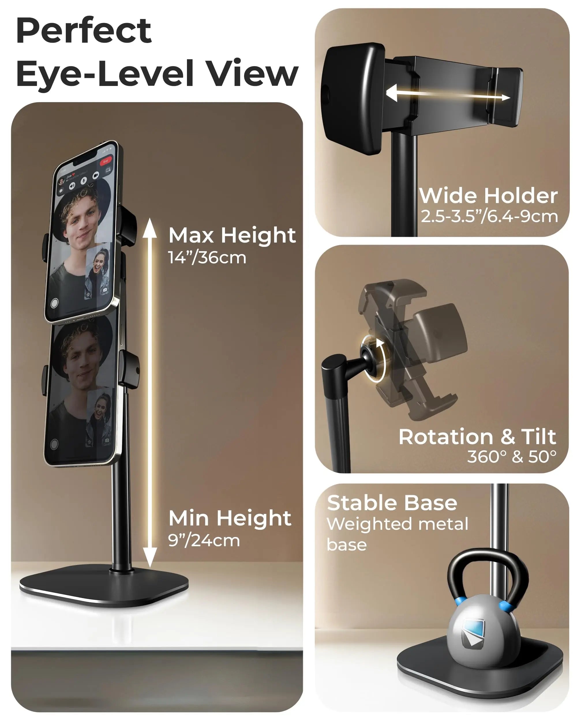 Adjustable Cell Phone Stand for Desk, Rotating Cell Phone Holder for Desk with 9-14" Face-Level View, Metal Desktop Tripod