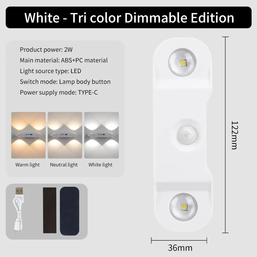 LED Motion Sensor Wall Light RGB 3Color Magnetic Rechargeable Night Lamp USB Touch Dimming Cabinet Stair Atmosphere Light Decor